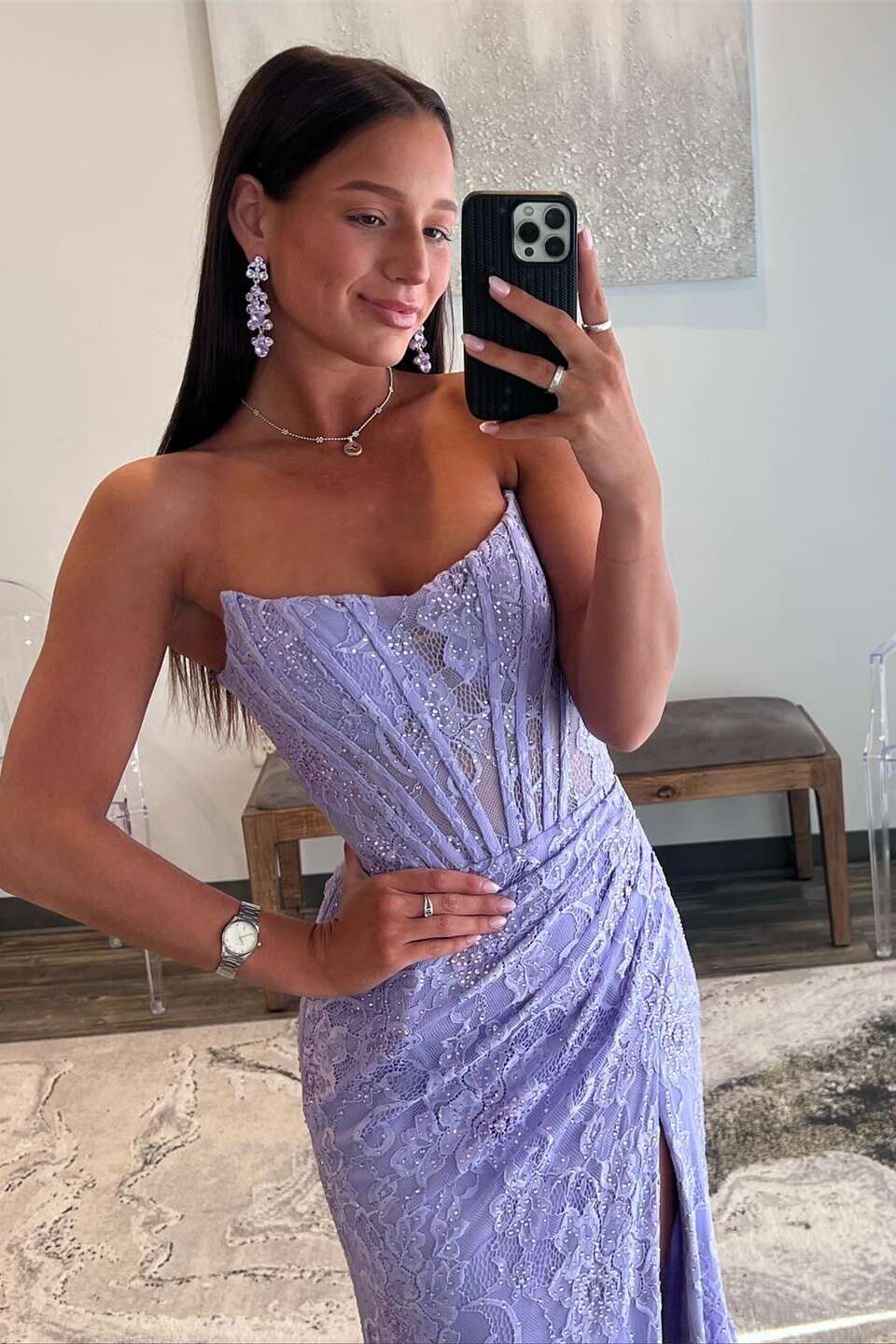 Bright Pink Strapless Lace Appliques Mermaid Prom Dress with Slit