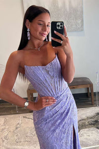 Bright Pink Strapless Lace Appliques Mermaid Prom Dress with Slit