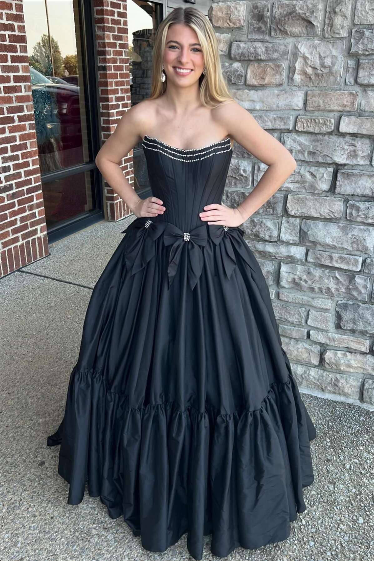 Strapless Beaded Yellow A-line Prom Dress with Bow