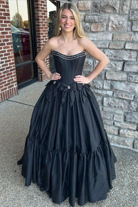 Strapless Beaded Yellow A-line Prom Dress with Bow