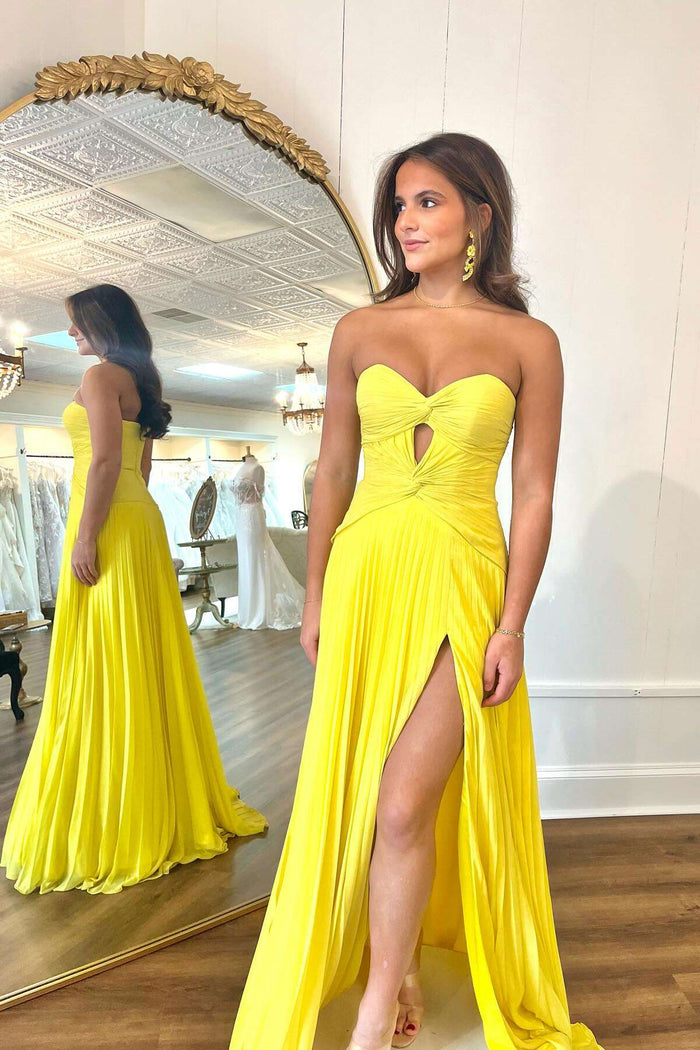 Yellow Sweetheart A-line Pleated Prom Dress with Keyhole