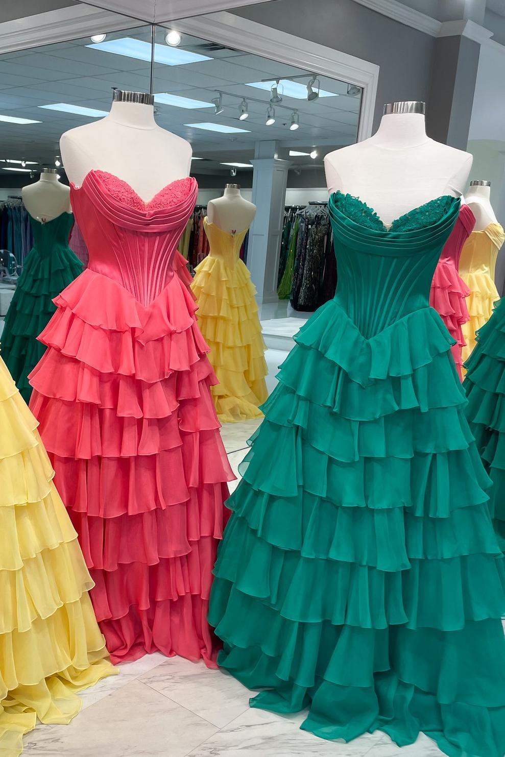 Sweetheart Yellow Lace Appliques A-line Ruffle Prom Dress