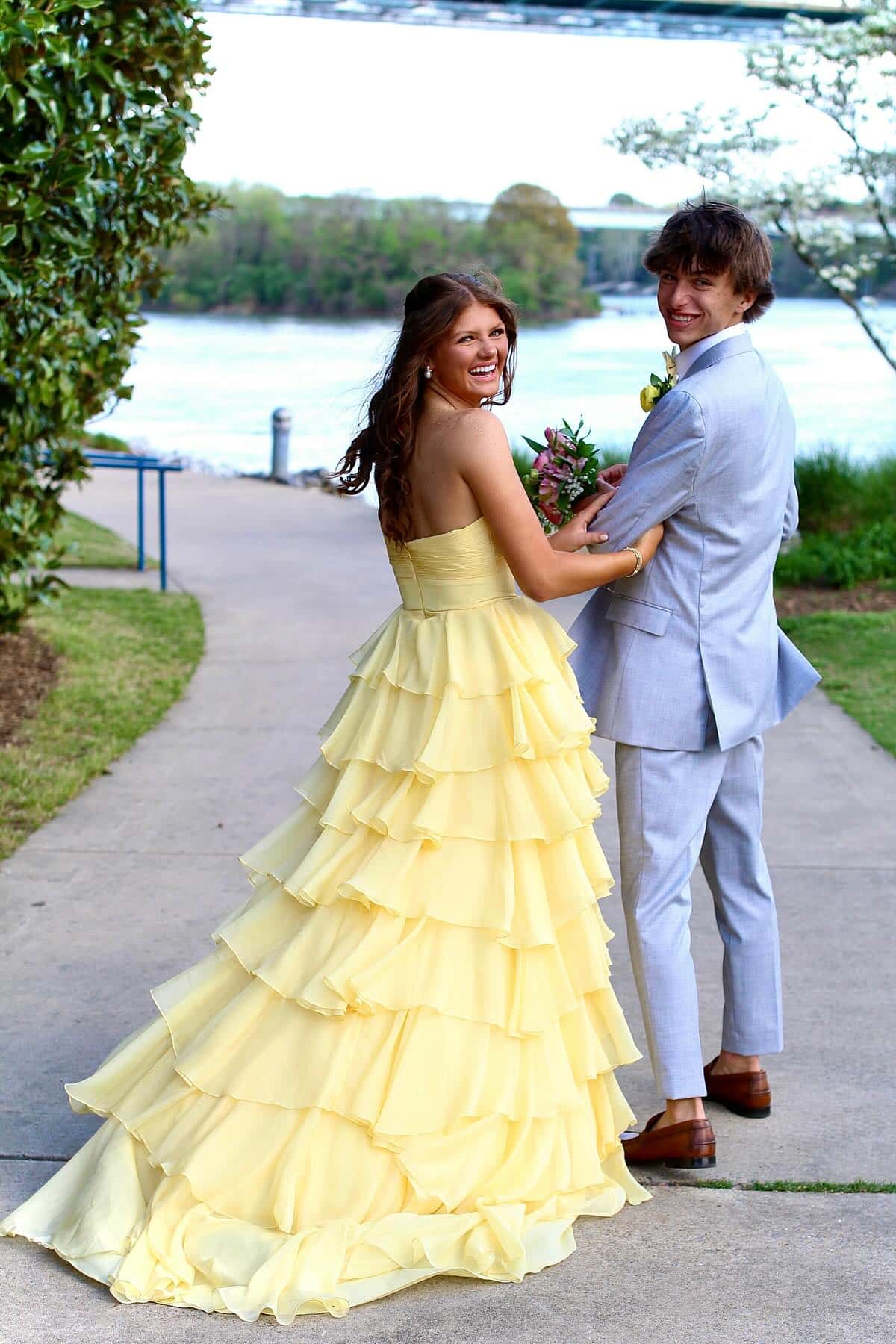 Strapless Pink Tiered Rosette Keyhole A-line Formal Dress