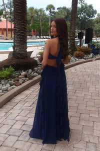 Halter Pink Chiffon Cutouts Ruffle Maxi Dress