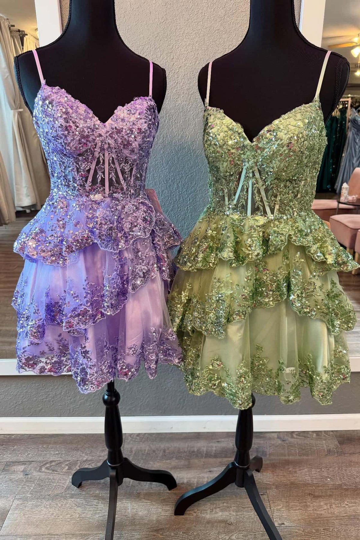 Straps Purple A-line Embroidery Ruffle Short Dress