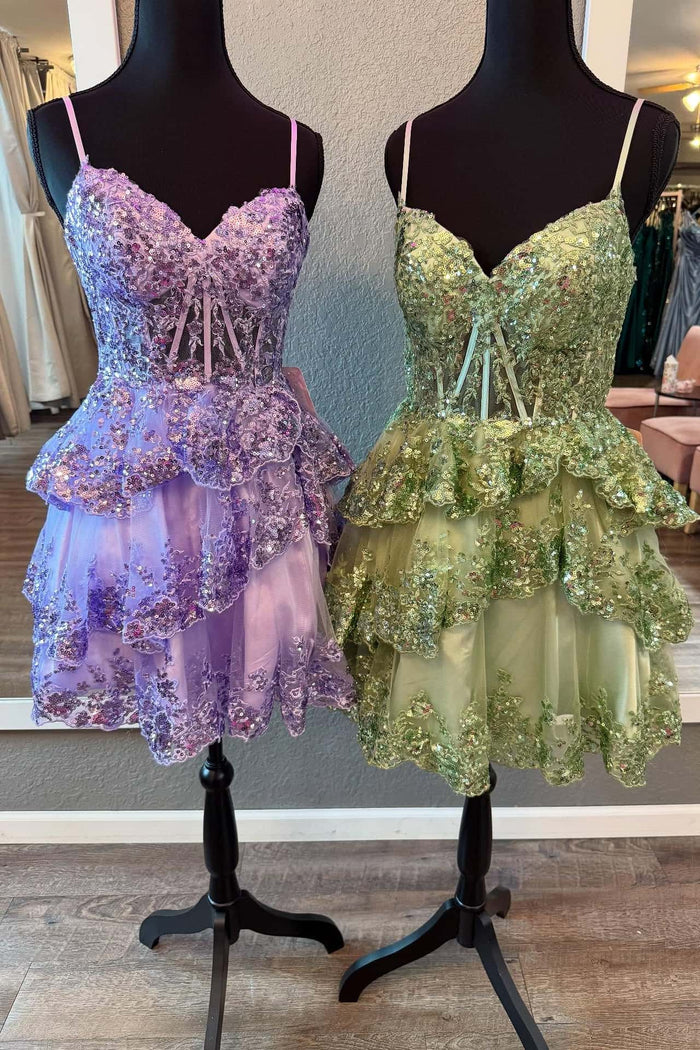 Straps Purple A-line Embroidery Ruffle Short Dress