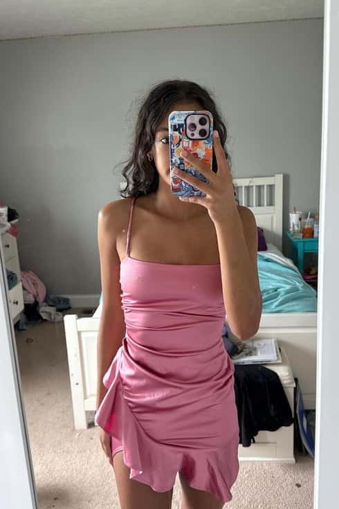 Rose Pink Straps Fitted Ruffle Short Dress