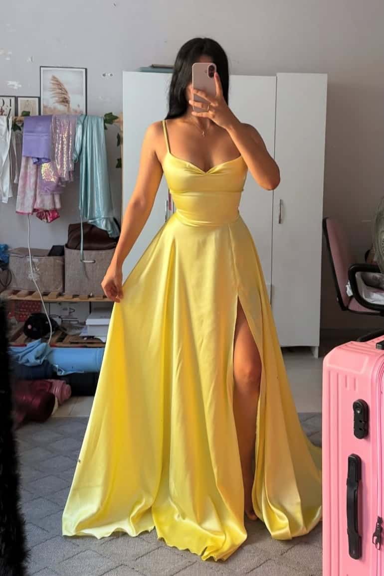 Straps Yellow Satin A-line Long Formal Dress