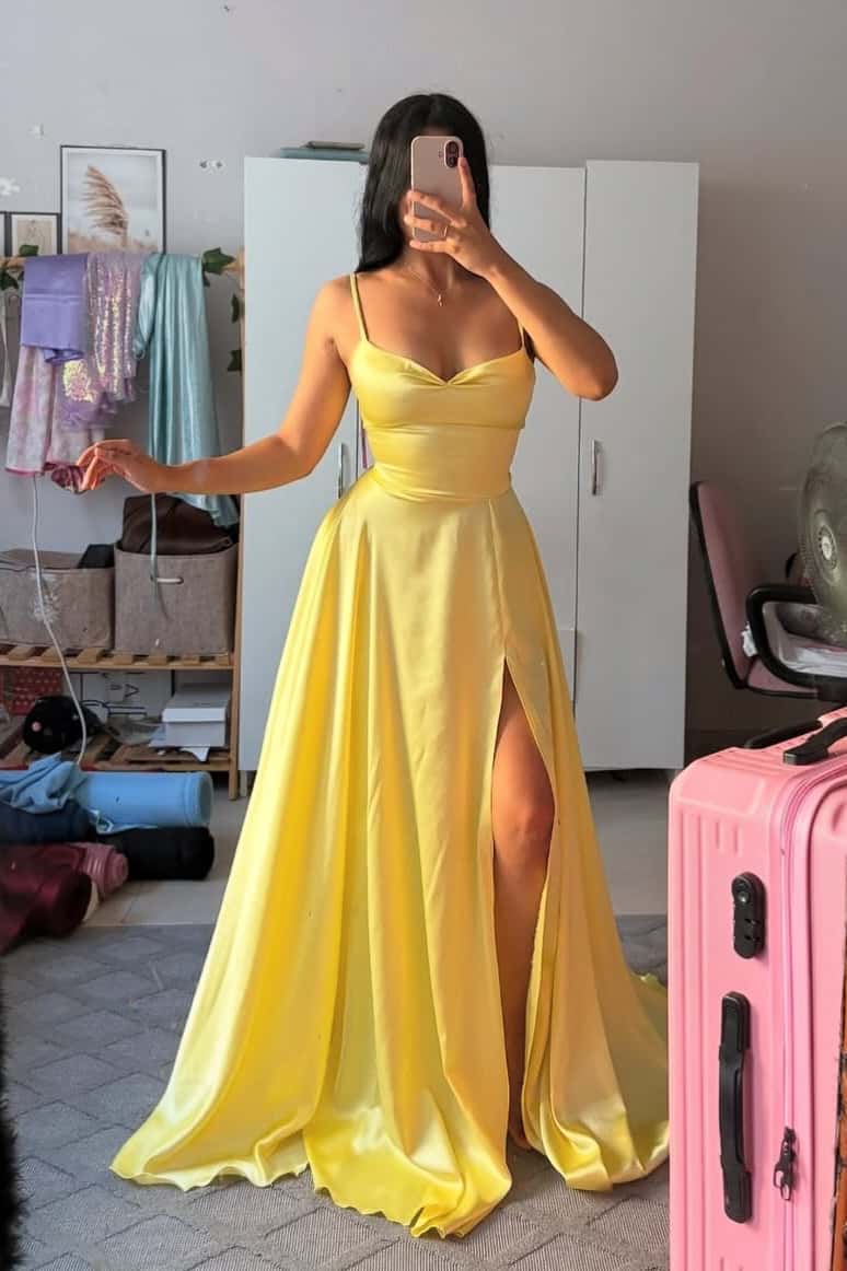 Straps Yellow Satin A-line Long Formal Dress
