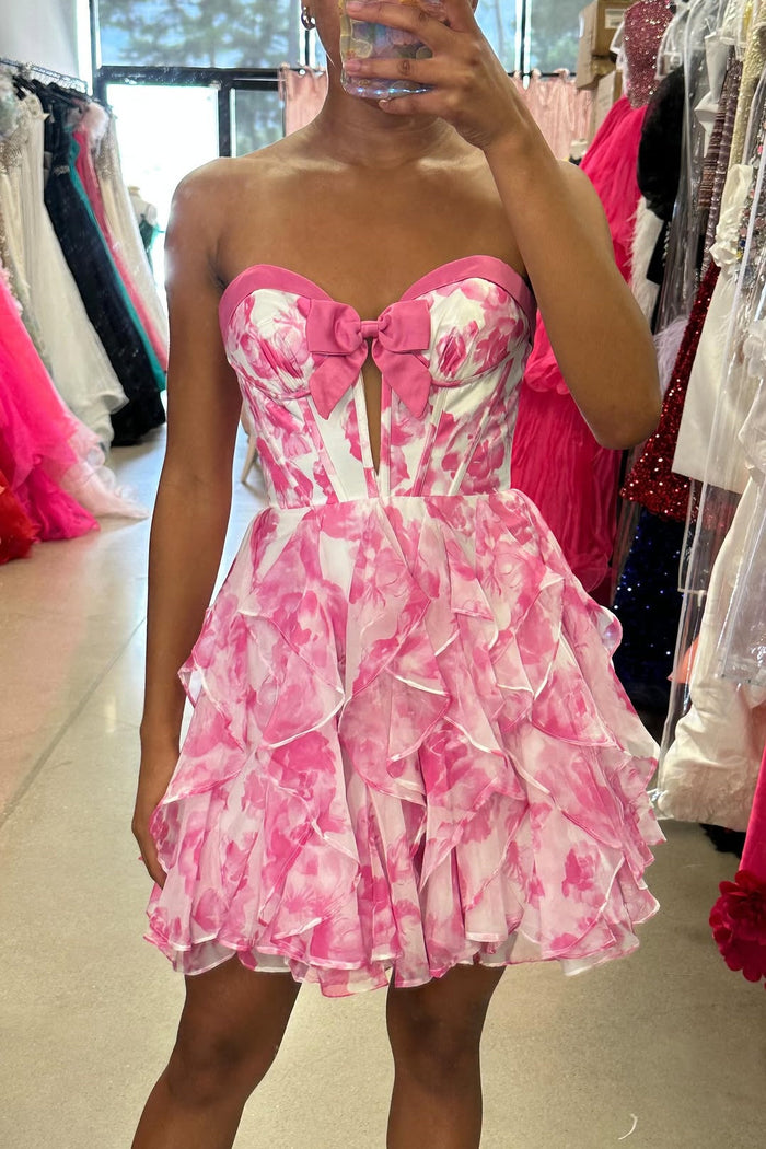 Sweetheart Pink Floral Ruffle Short Dress