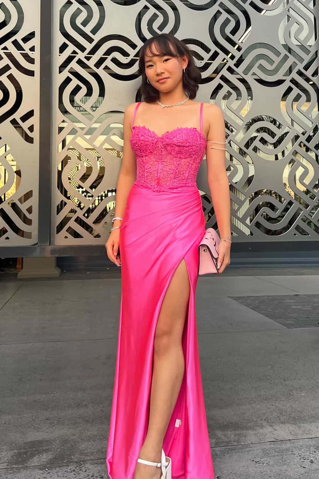 Straps Hot Pink Ruched Satin Fitted Formal Dress