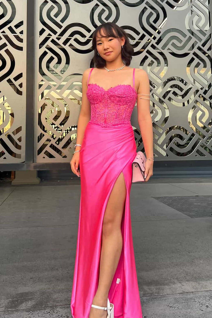 Straps Hot Pink Ruched Satin Fitted Formal Dress