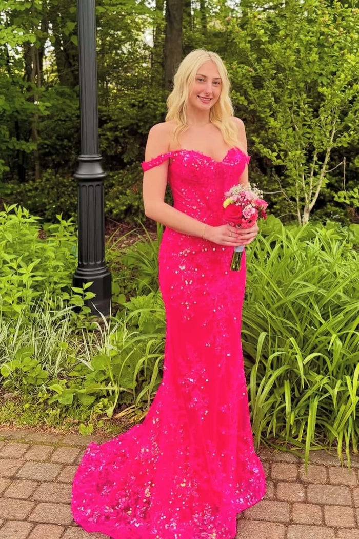 Off the Shoulder Fuchsia Appliques Mermaid Formal Dress
