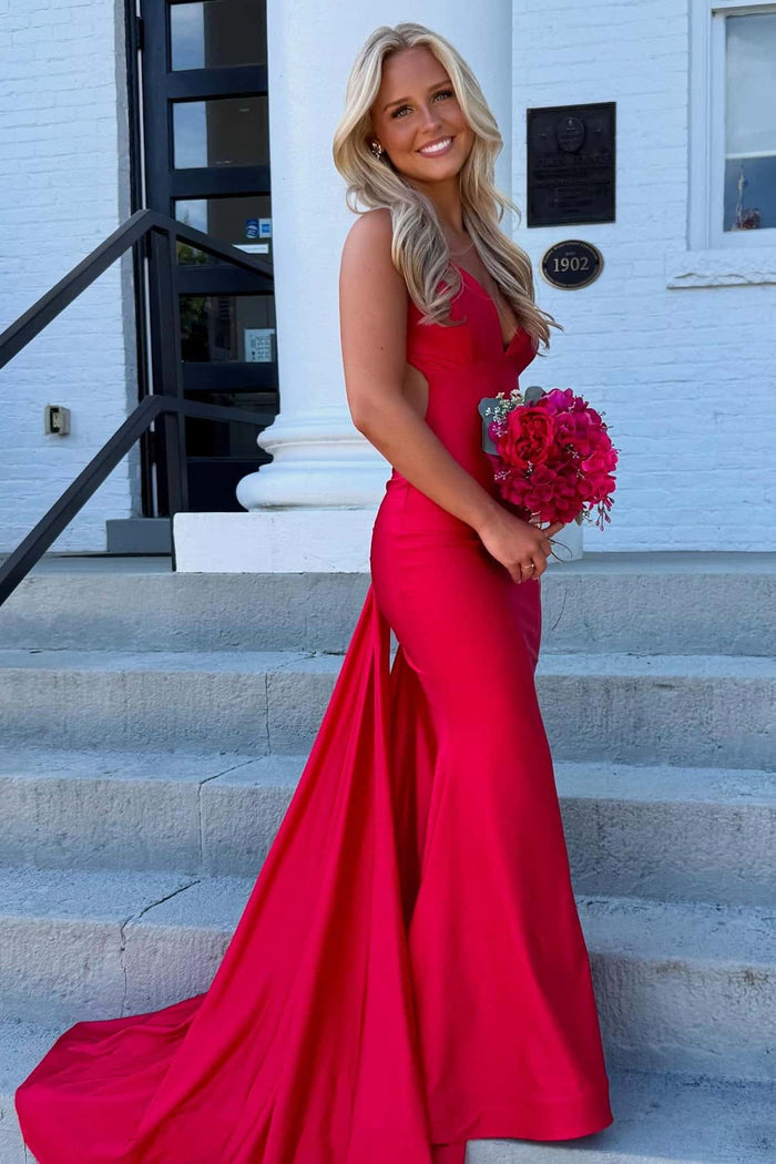 V-neck Red Mermaid Long Dress with Train