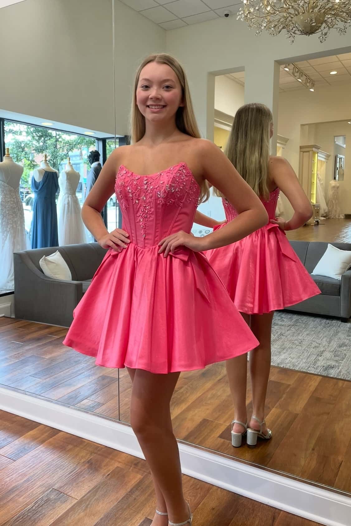 Strapless Hot Pink Appliques A-line Short Dress