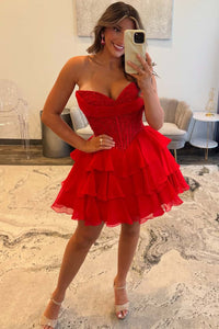 Sweetheart Hot Pink Appliques A-line Short Ruffle Dress