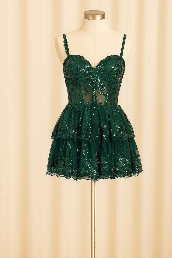 Dark Green Sequin Embroidery A-line Ruffle Dress