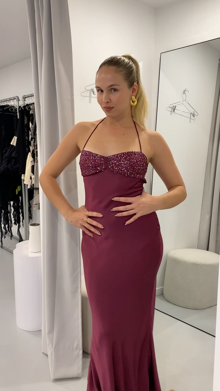 Straps Pink Beaded Satin Fitted Dress