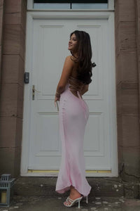 Straps Pink Beaded Satin Fitted Dress