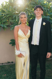 Straps Yellow Twist V Neck Long Party Dress