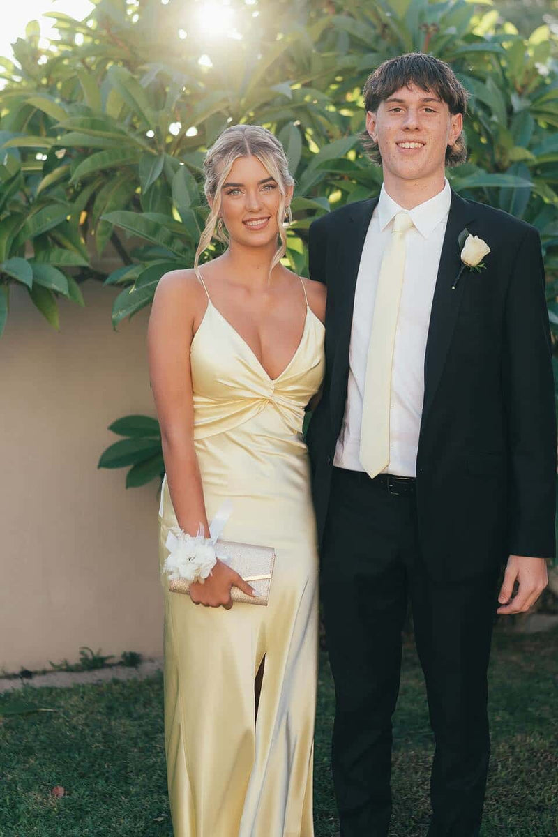 Straps Yellow Twist V Neck Long Party Dress