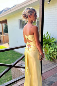 Straps Yellow Twist V Neck Long Party Dress