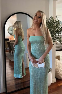 Strapless Sage Green Sequin Fitted Party Dress