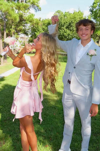 Pink Satin Ruffle Straps Short Dress