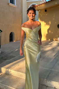 Off the Shoulder Aqua Satin Fitted Long Dress