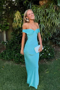 Off the Shoulder Aqua Satin Fitted Long Dress
