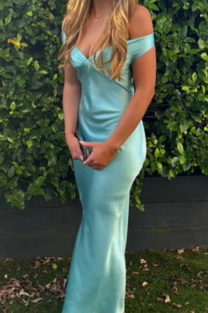 Off the Shoulder Aqua Satin Fitted Long Dress