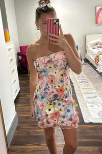 Strapless 3D Floral Fitted Short Dress