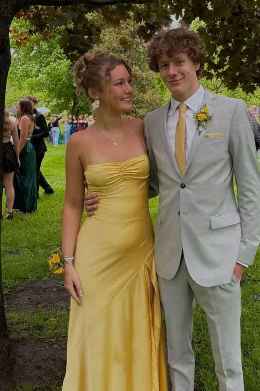 Straps Yellow Satin Fitted Long Party Dress