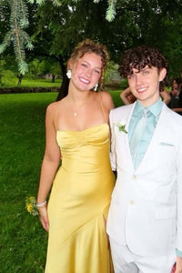 Straps Yellow Satin Fitted Long Party Dress