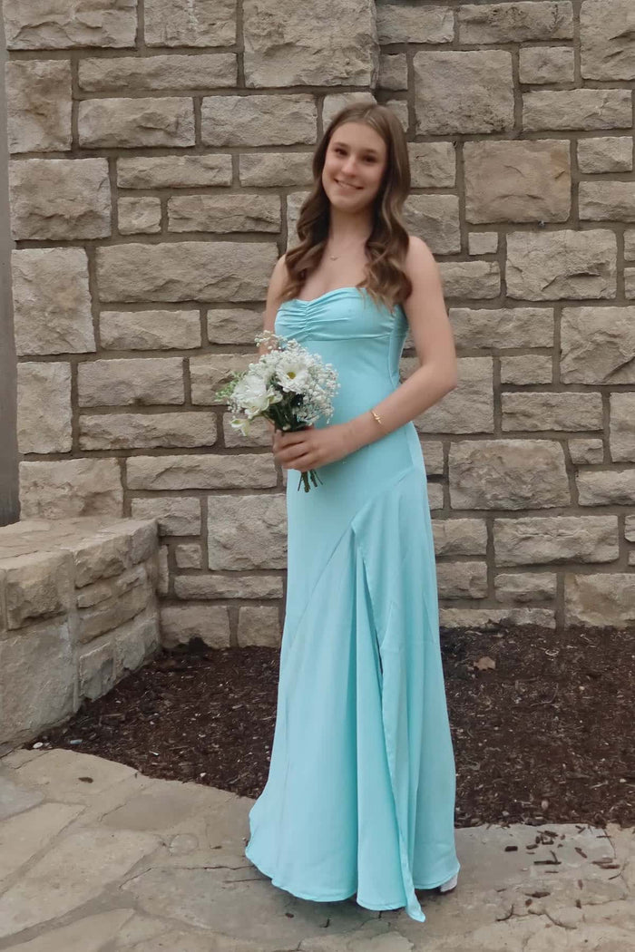 Straps Aqua Satin Fitted Long Party Dress