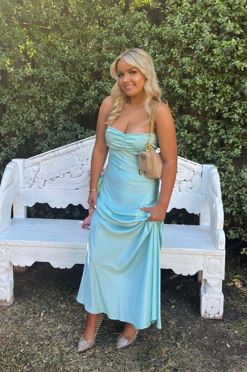 Straps Yellow Satin Fitted Long Party Dress