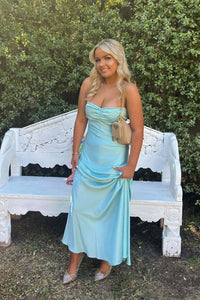 Straps Aqua Satin Fitted Long Party Dress
