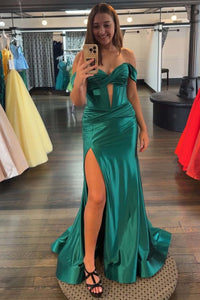 Green Ruched Off the Shoulder Satin Fitted Dress