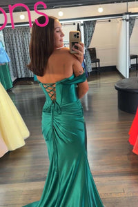Green Ruched Off the Shoulder Satin Fitted Dress