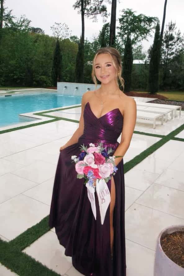 Purple Metallic Ruched Long Dress