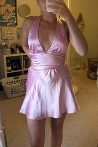Halter Pink Satin Plunge Short Dress