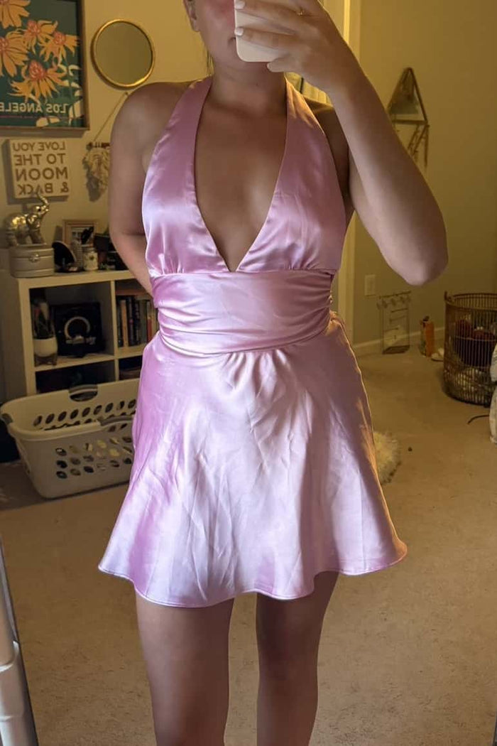Halter Pink Satin Plunge Short Dress