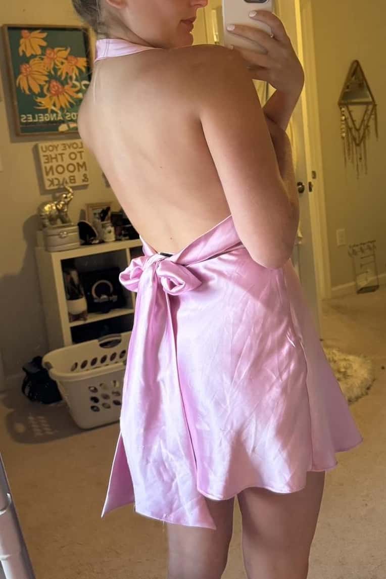 Halter Pink Satin Plunge Short Dress