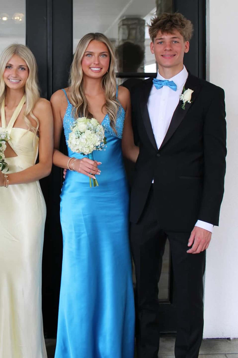 Blue V Neck Beaded Satin Long Dress