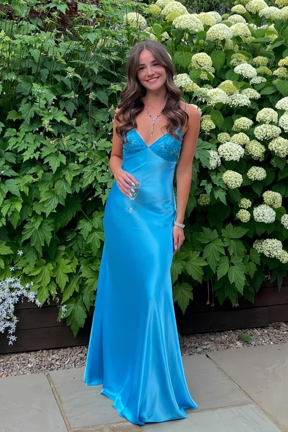 Blue V Neck Beaded Satin Long Dress