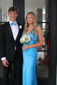 Blue V Neck Beaded Satin Long Dress