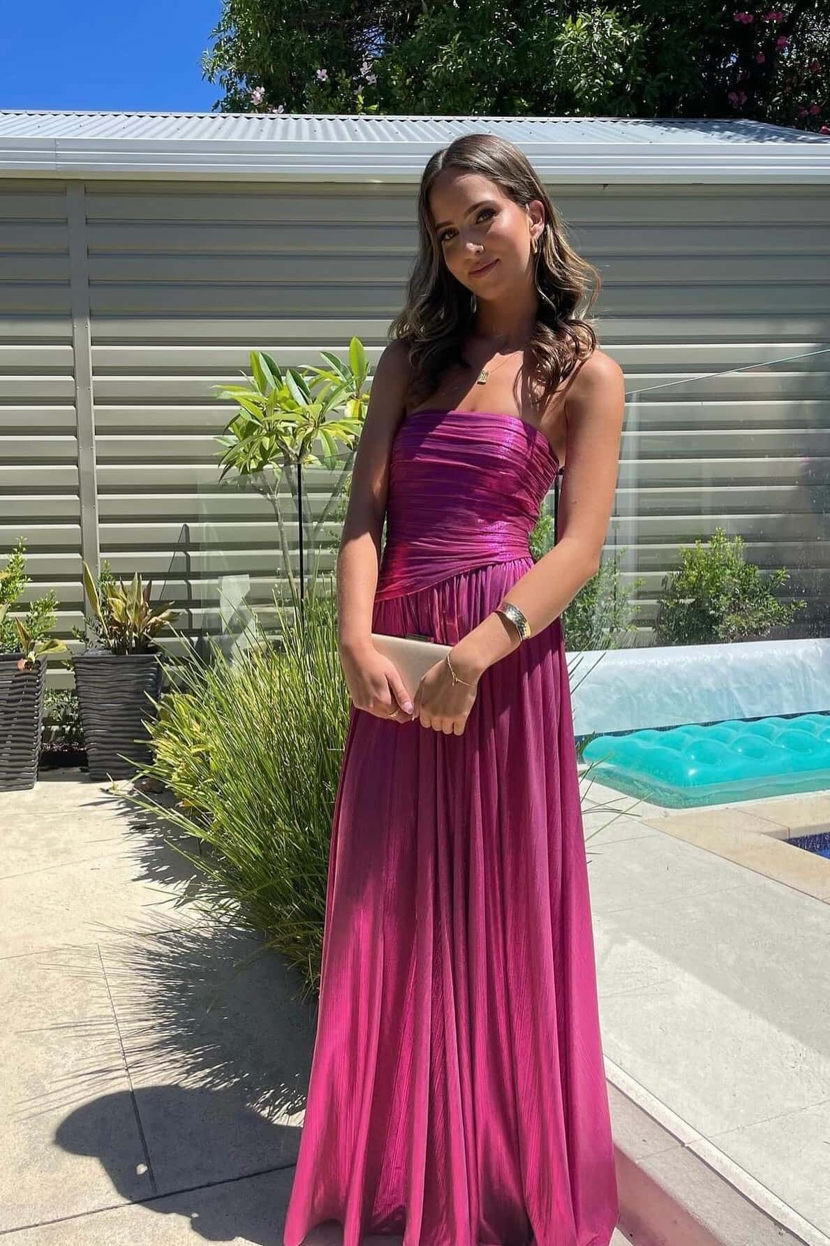Fuchsia Metallic Strapless Long Party Dress