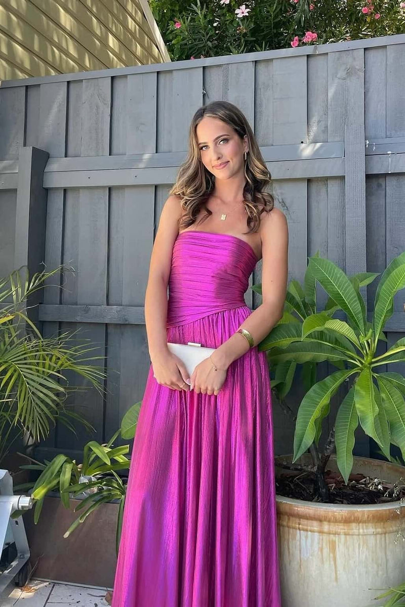 Fuchsia Metallic Strapless Long Party Dress