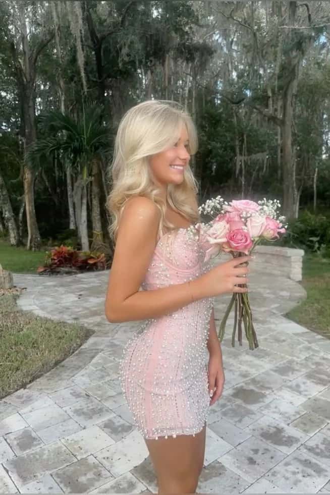 Pink Pearls Straps Tight Short Dress