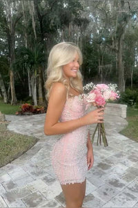 Pink Pearls Straps Tight Short Dress